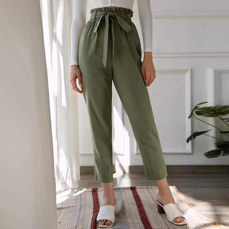 

Paperbag Waist Belted Pants, Army green