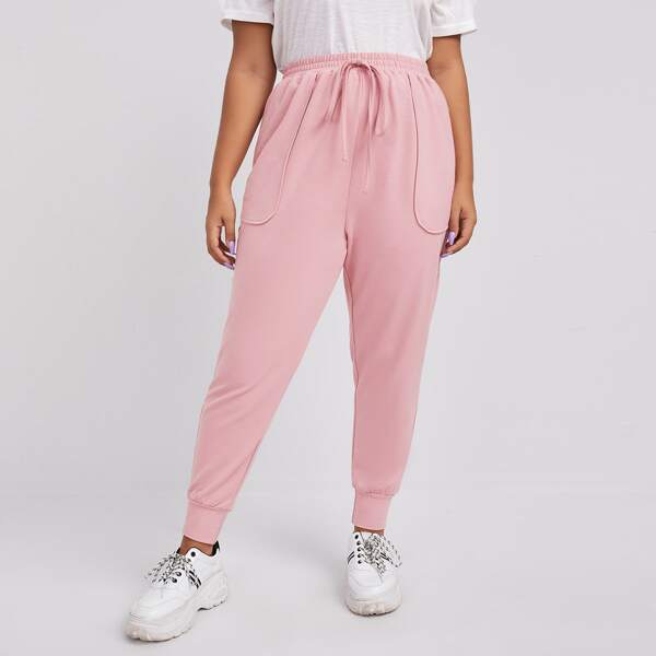 

Plus Knot Front Solid Sweatpants, Pastel baby pink