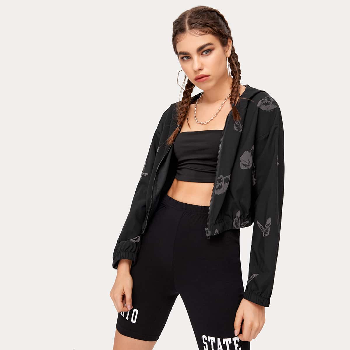 

Butterfly Print Drop Shoulder Zip Up Hooded Wind Jacket, Black