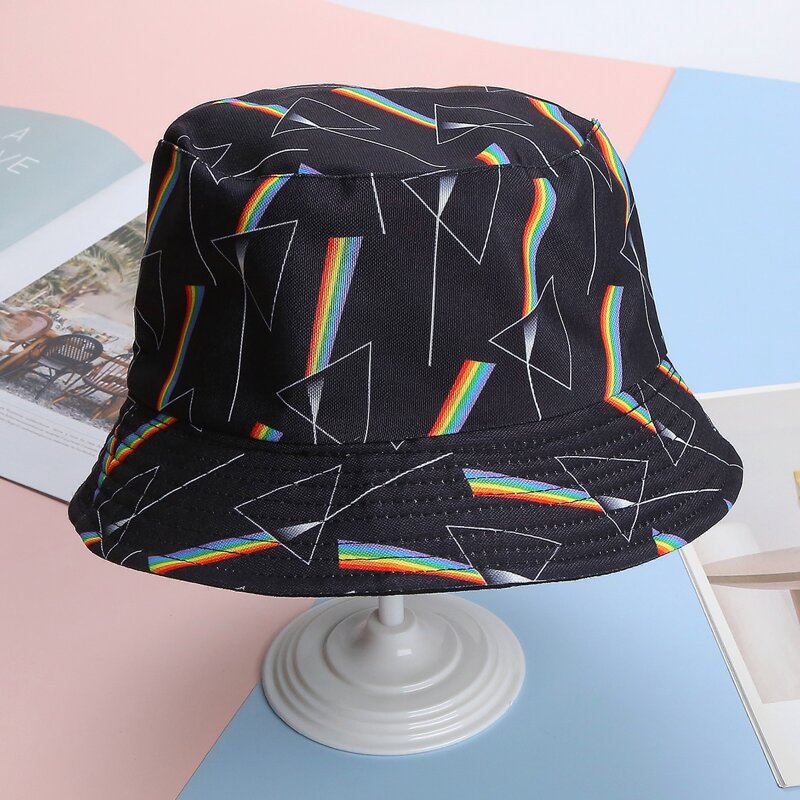 

Triangle & Rainbow Pattern Bucket Hat, Black