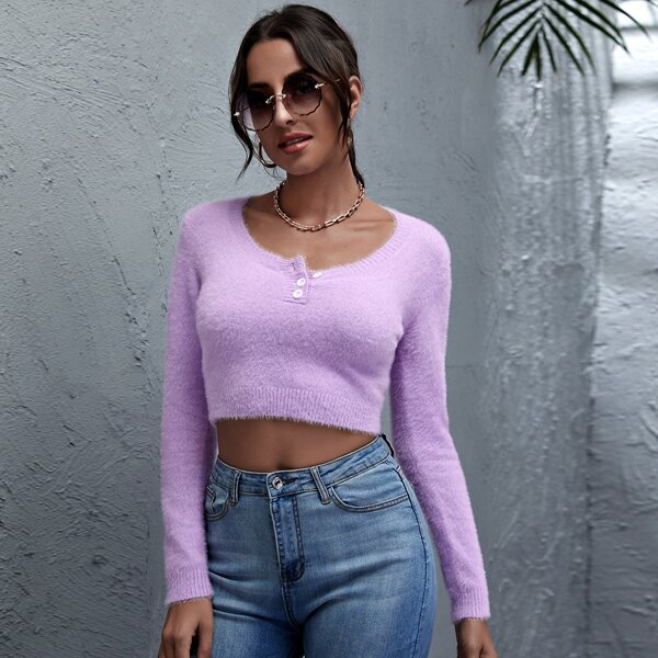 

Button Half Placket Fluffy Knit Crop Sweater, Lilac purple