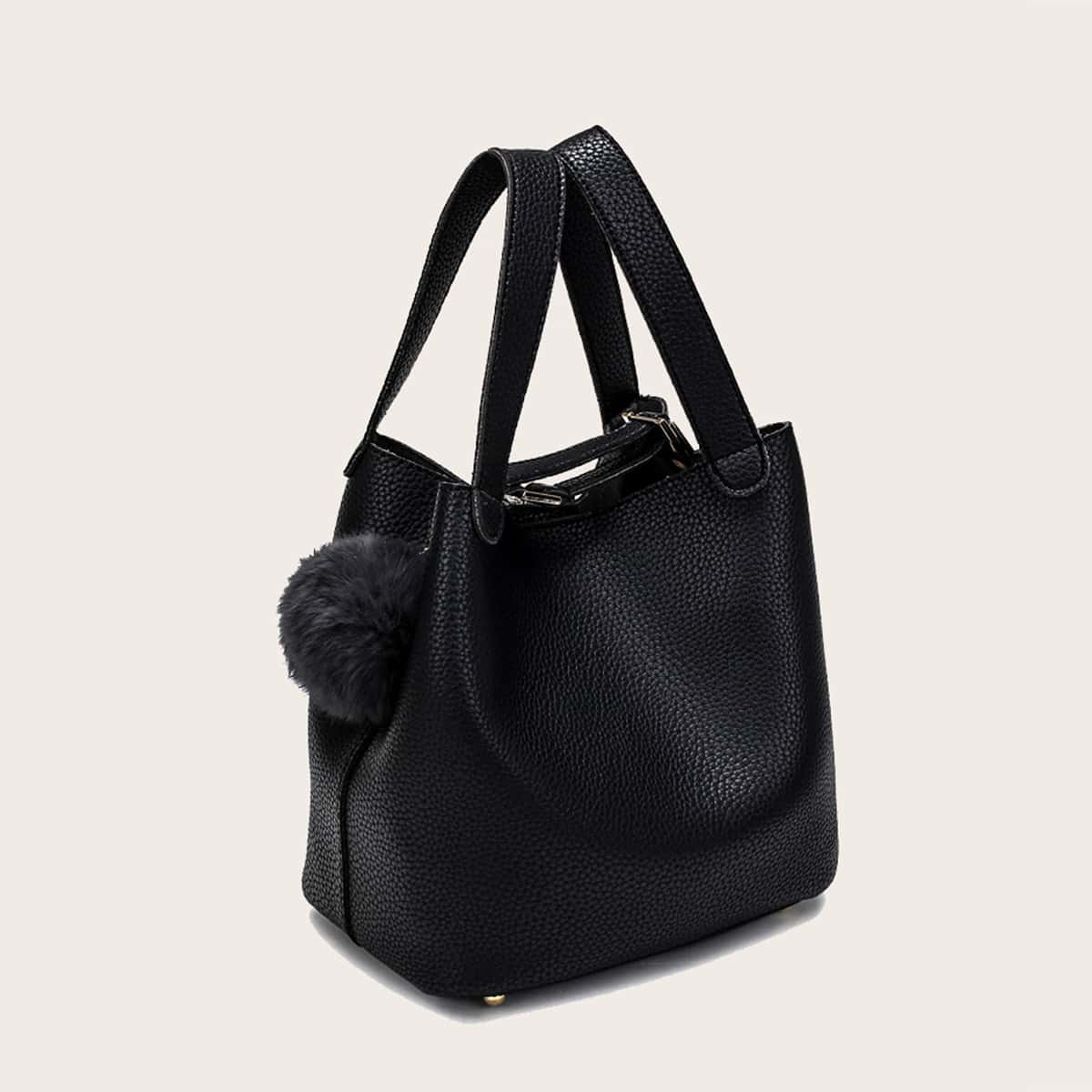 

Solid Pom Pom Tote Bag, Black