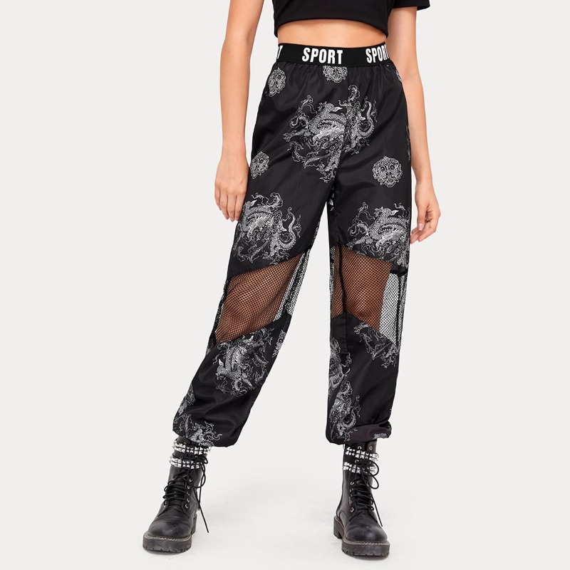 

Letter Tape Waist Mesh Insert Dragon Windbreaker Pants, Black