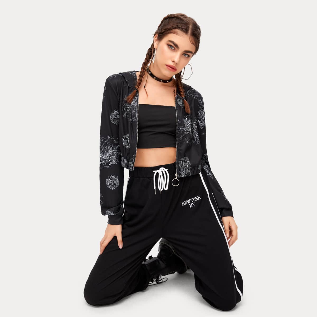 

Dragon Print Zip Up Hoodie, Black