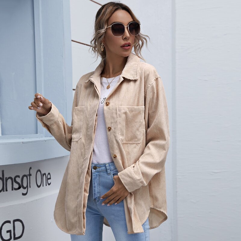 

Corduroy Button-Front Curved Hem Overshirt, Apricot