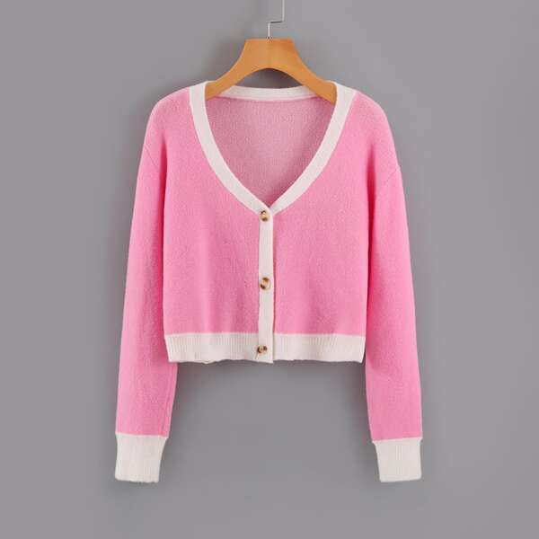 

Contrast Trim Drop Shoulder Button Up Cardigan, Baby pink