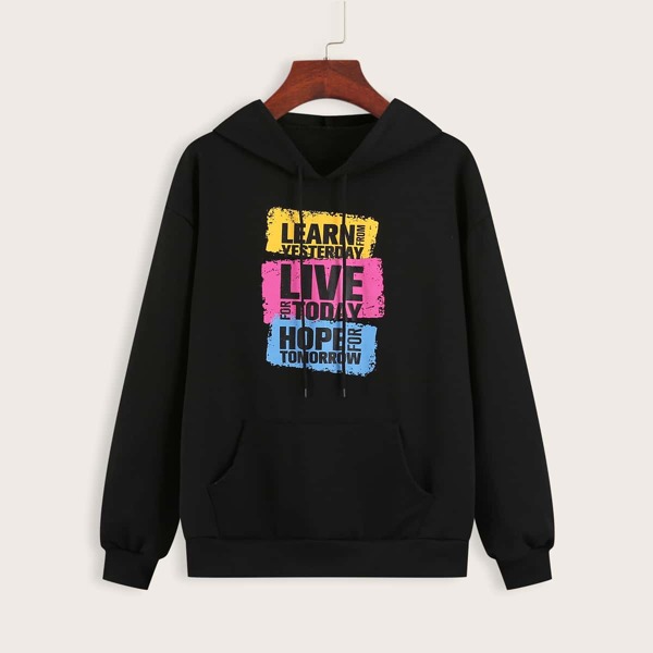 

Slogan Graphic Kangaroo Pocket Hoodie, Black