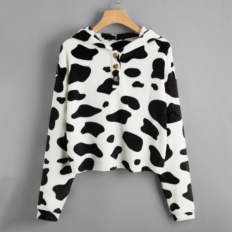 

Button Front Cow Pattern Flannel Hoodie, Black and white