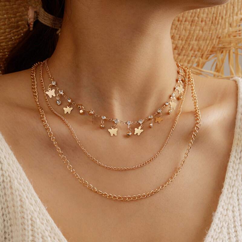 

Rhinestone Butterfly Layered Necklace, Gold