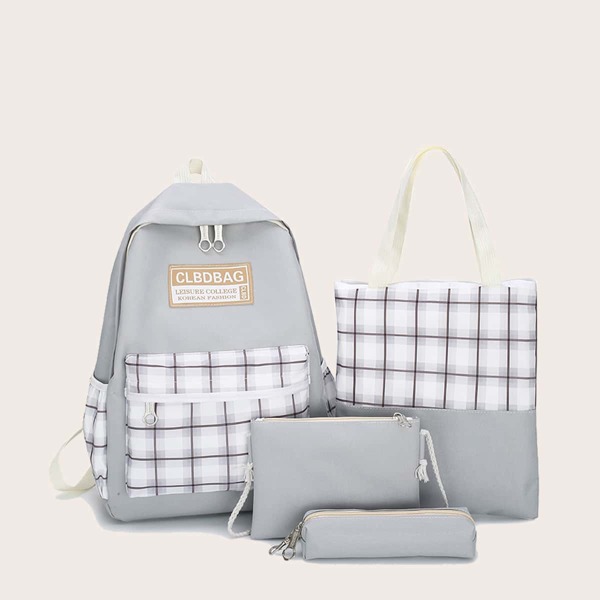 

4pcs Plaid Backpack Set, Grey