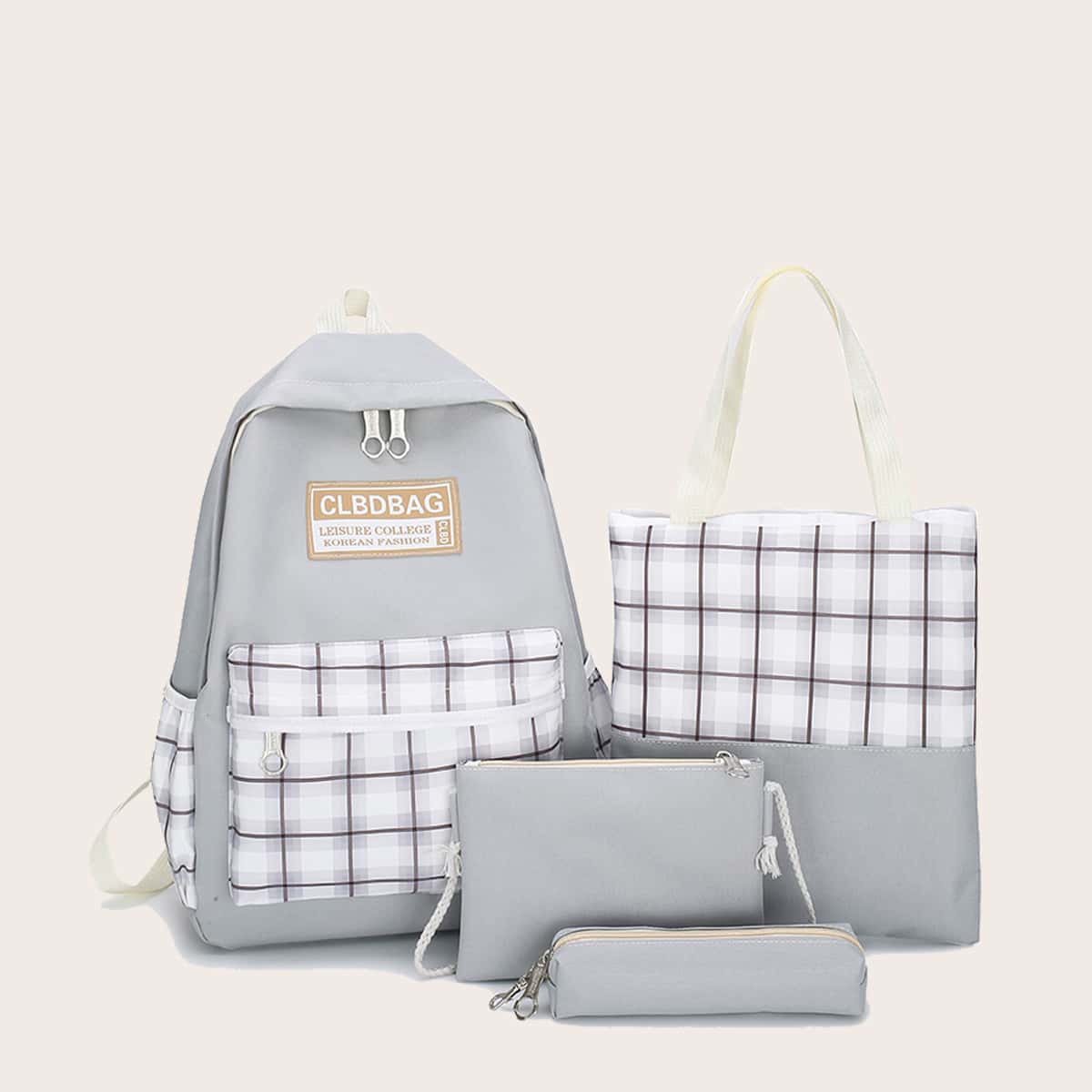 

4pcs Plaid Backpack Set, Grey