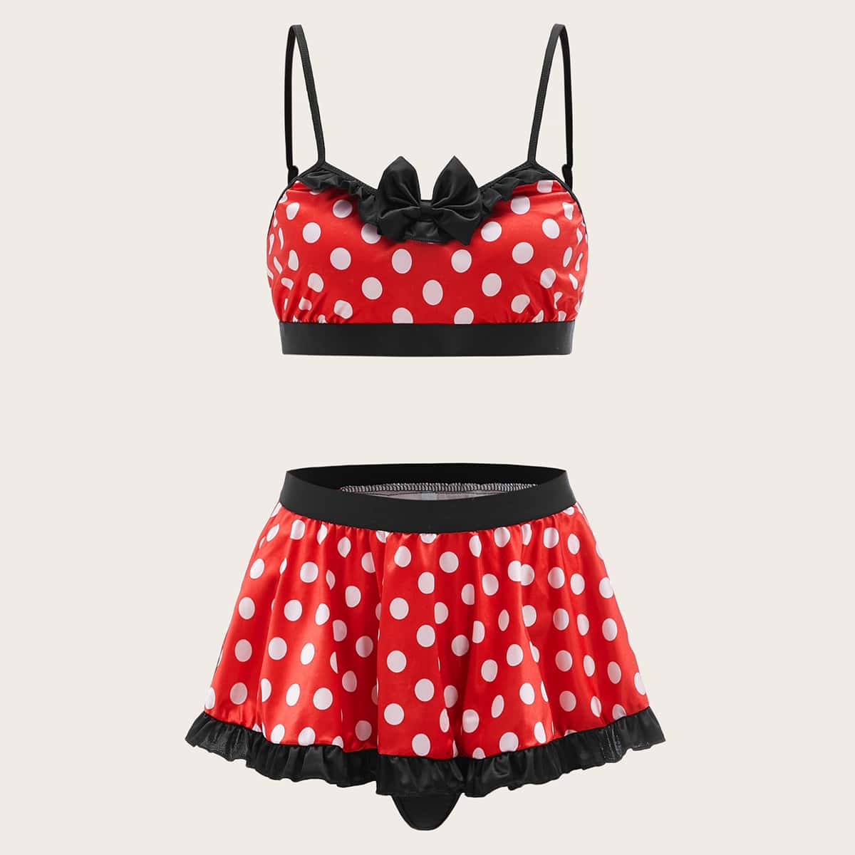 

3pack Polka Dot Frill Trim Sexy Set, Multicolor