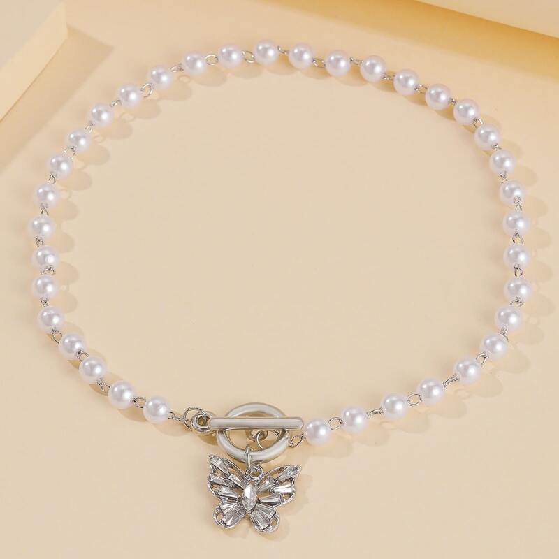 

Butterfly Charm Faux Pearl Choker, Silver