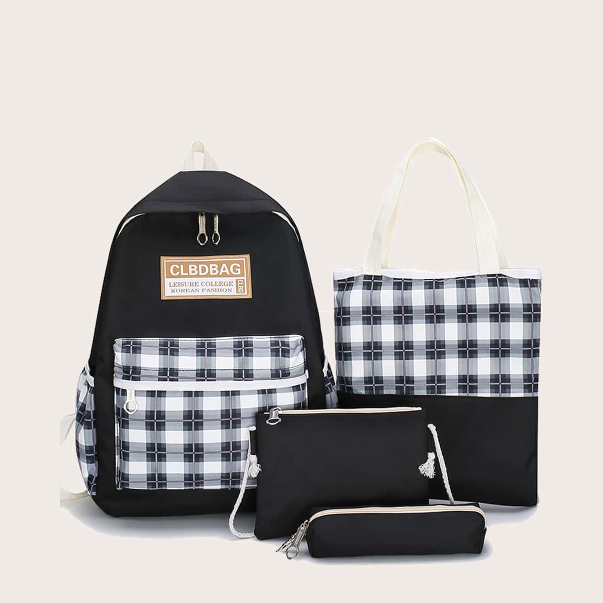 

4pcs Plaid Backpack Set, Black