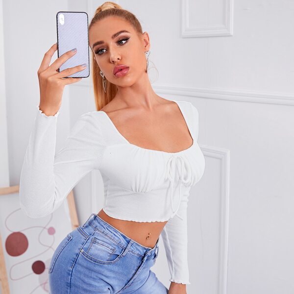

Knot Front Lettuce Trim Crop Top, White