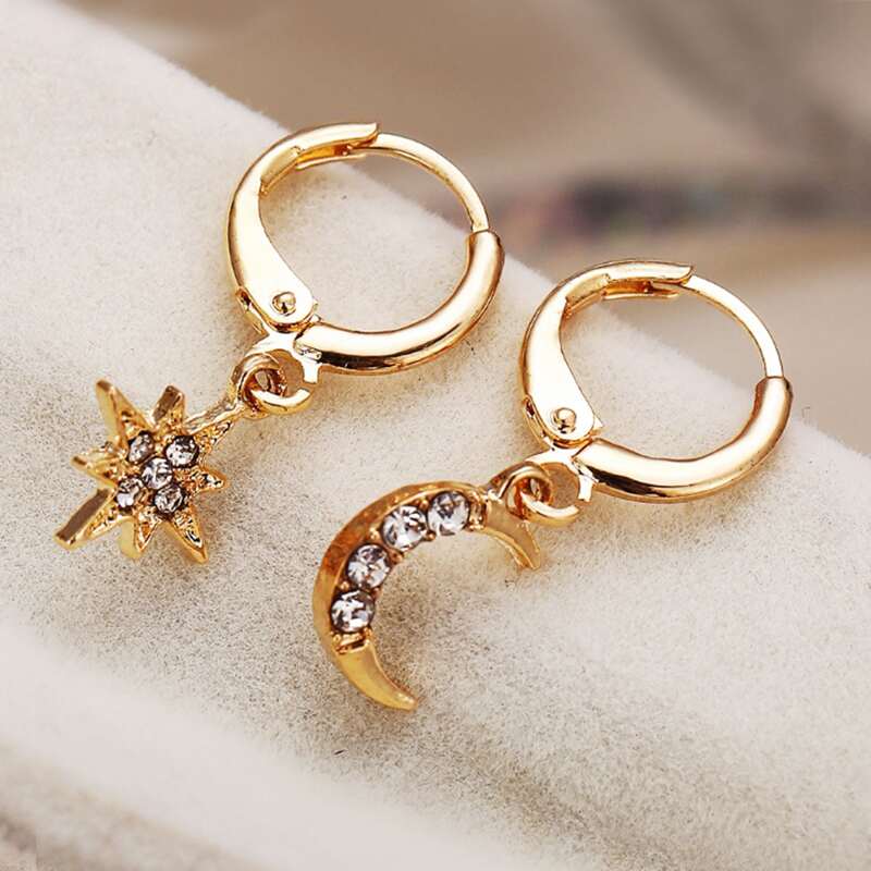

Rhinestone Moon & Star Drop Earrings, Gold