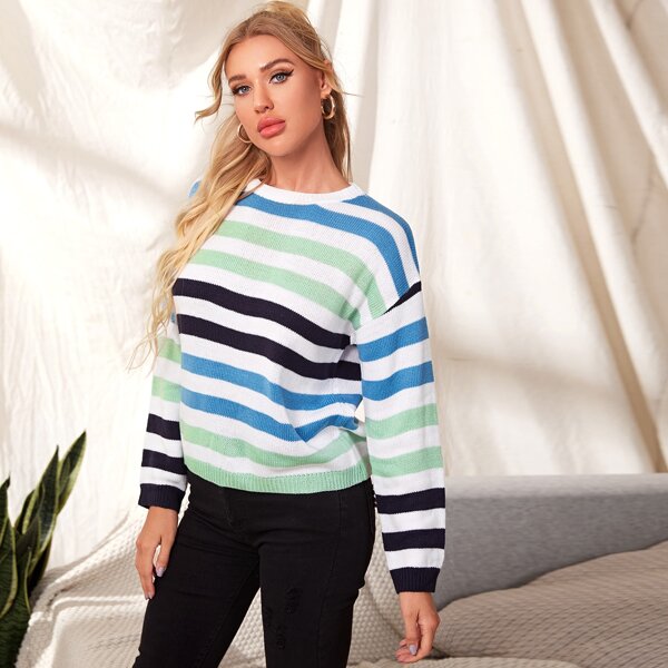 

Drop Shoulder Striped Sweater, Multicolor