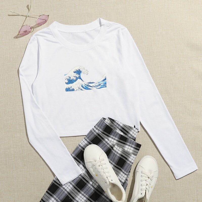 

Wave Print Crop Tee, White