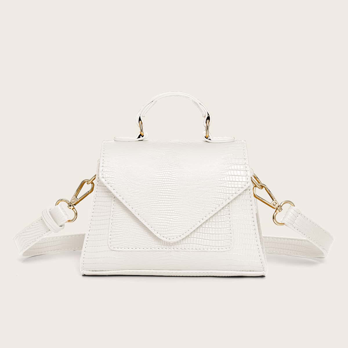 

Lizard Embossed Top Handle Satchel Bag, Beige