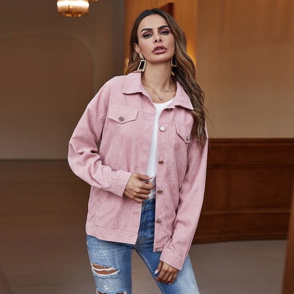 

Corduroy Fake Flap Pockets Coat, Dusty pink