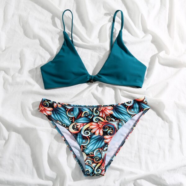 

Leaf Print Knot Detail Bikini Swimsuit, Dark green