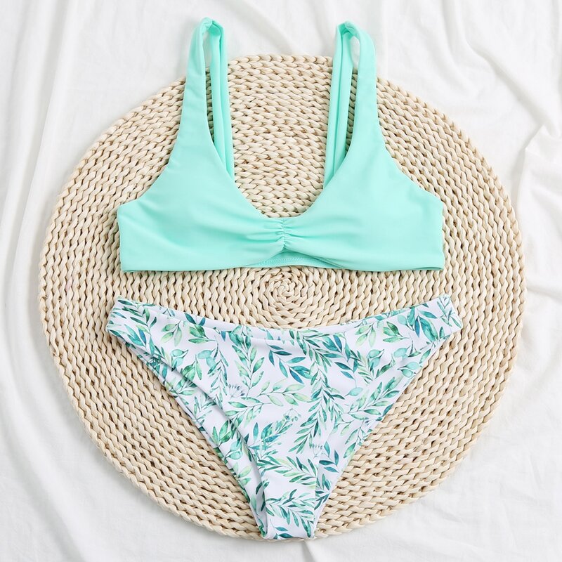 

Leaf Print Ruched Bikini Swimsuit, Mint green