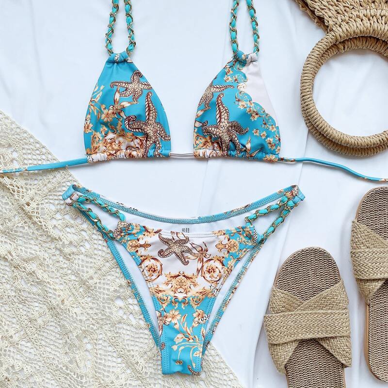 

Starfish & Baroque Print Triangle Halter Bikini Swimsuit, Multicolor