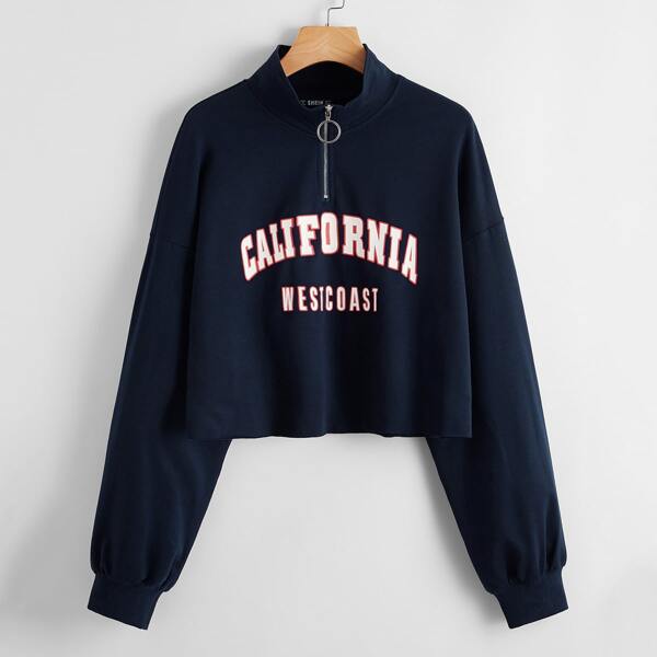 

Letter Graphic Zipper Half Placket Pullover, Navy blue