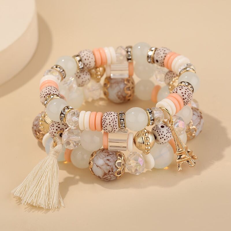 

3pcs Tassel Decor Beaded Bracelet, Multicolor