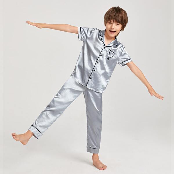 

Boys Heart Embroidered Contrast Binding Satin Shirt & Pants PJ Set, Silver