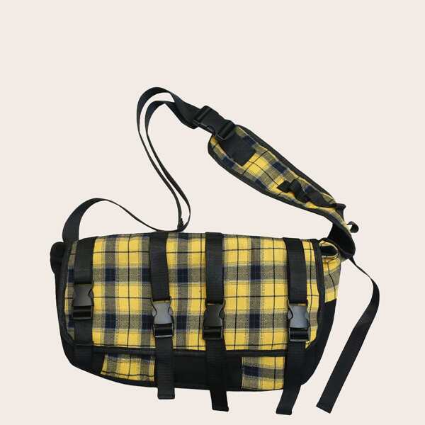 

Release Buckle Decor Plaid Crossbody Bag, Yellow