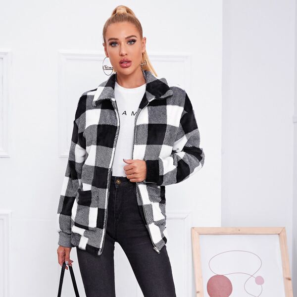 

Drop Shoulder Buffalo Plaid Jacket, Black and white