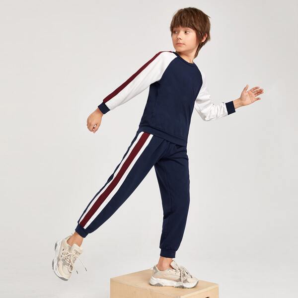 

Boys Striped Side Raglan Sleeve Sweatshirt & Sweatpants Set, Navy blue