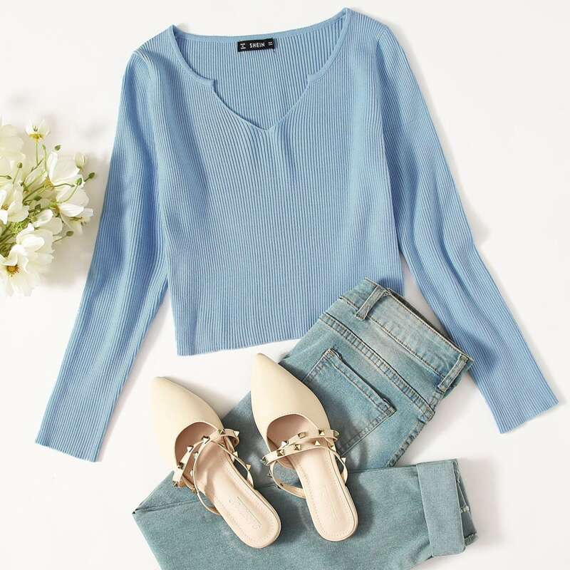 

Notch Neck Rib-knit Crop Sweater, Baby blue