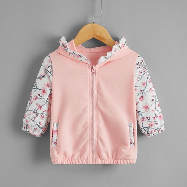 

Baby Girl Floral Print Frill Trim Zip Up Hooded Jacket, Baby pink