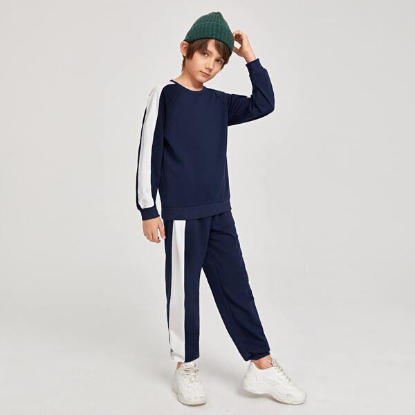 

Boys Contrast Sideseam Raglan Sleeve Pullover & Sweatpants Set, Navy blue