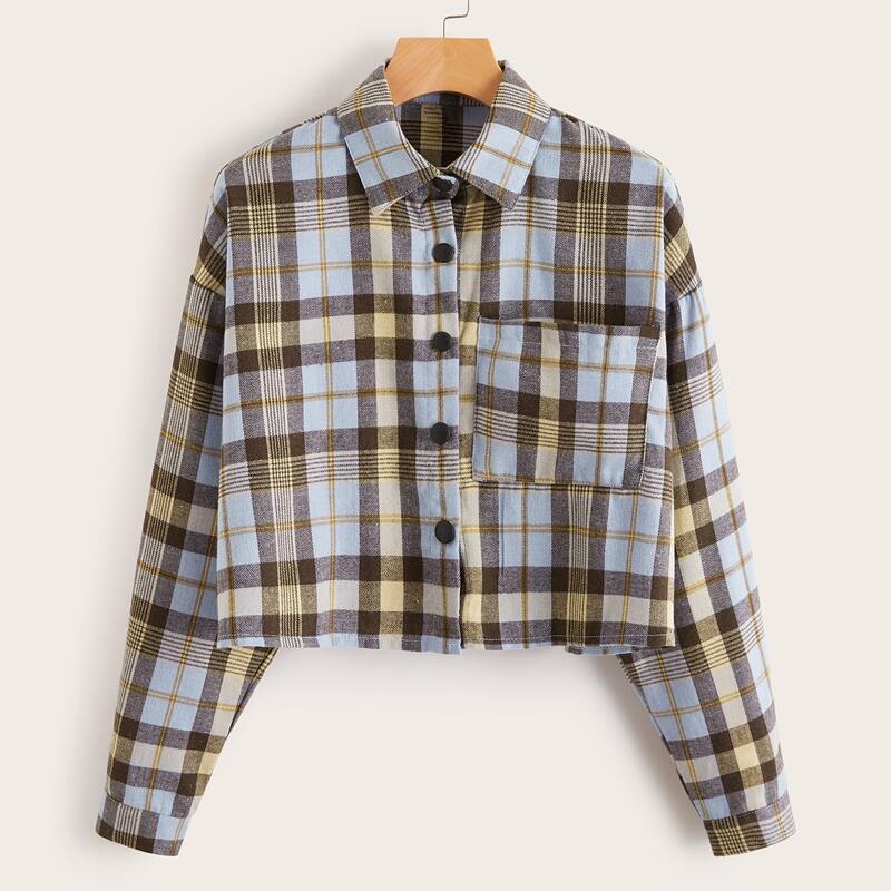 

Drop Shoulder Patch Pocket Plaid Crop Blouse, Multicolor