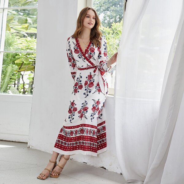 

Floral Print Self Tie A-line Dress, Red and white