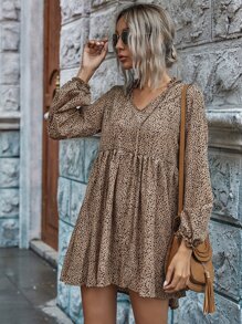 SHEIN LUNE Dalmatian Print Tie Neck Smock Dress - Khaki - View 1