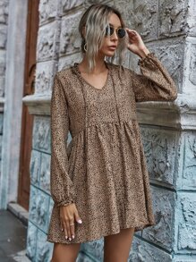 SHEIN LUNE Dalmatian Print Tie Neck Smock Dress - Khaki - View 3