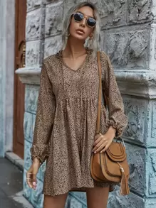 SHEIN LUNE Dalmatian Print Tie Neck Smock Dress - Khaki - View 4