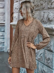 SHEIN LUNE Dalmatian Print Tie Neck Smock Dress - Khaki - View 5