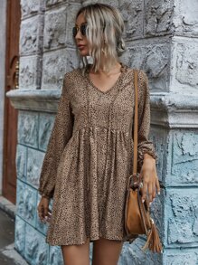 SHEIN LUNE Dalmatian Print Tie Neck Smock Dress - Khaki - View 6