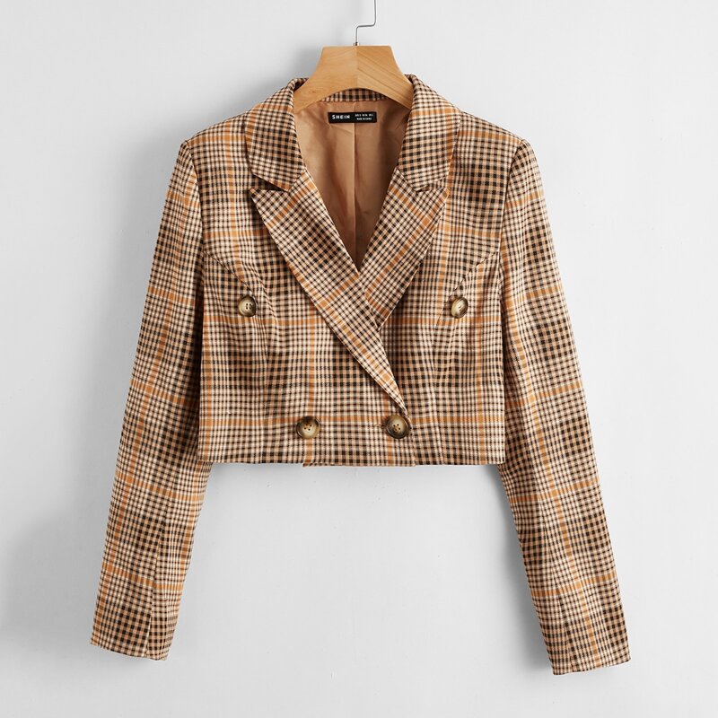 

Notch Collar Double Button Plaid Crop Blazer, Multicolor