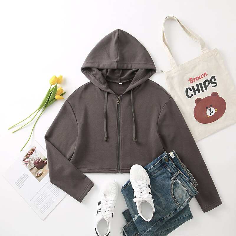 

Zip Up Crop Drawstring Hoodie, Dark grey