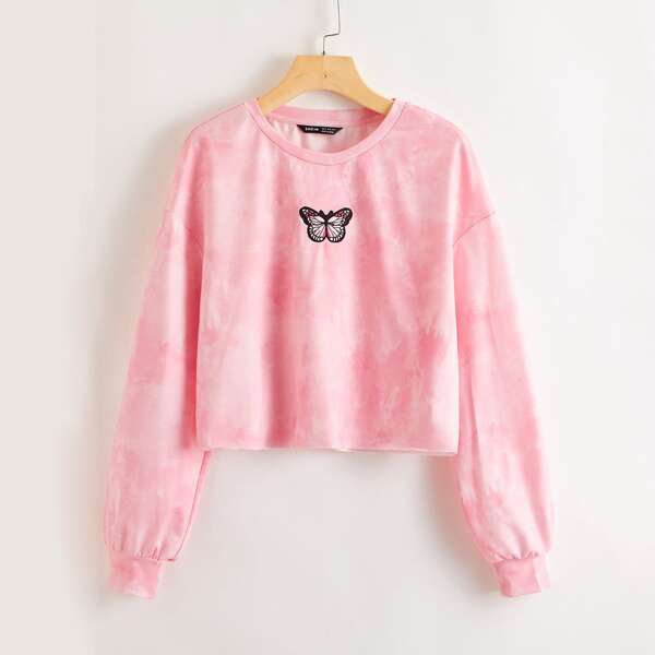

Plus Butterfly Embroidered Tie Dye Pullover, Baby pink