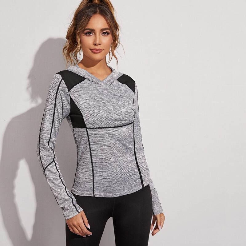 

Striped Topstitching Hooded Sports Sweatshirt, Grey