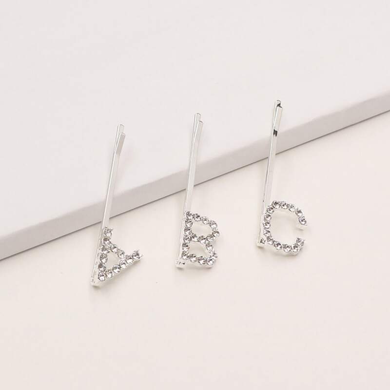 

1pc Random Rhinestone Decor Letter Hair Clip, Silver