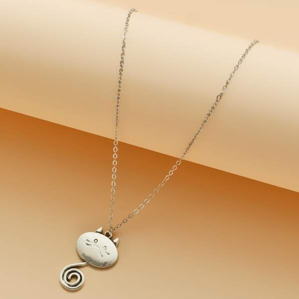 

Girls Cartoon Cat Charm Necklace, Silver