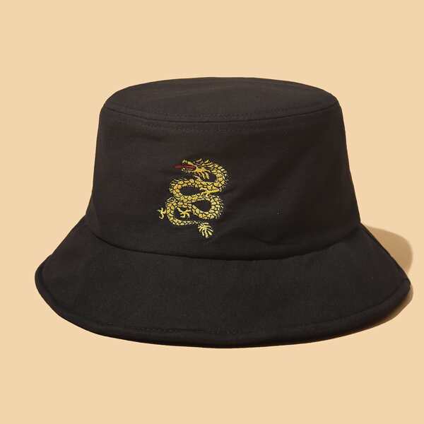 

Men Chinese Dragon Embroidery Bucket Hat, Black